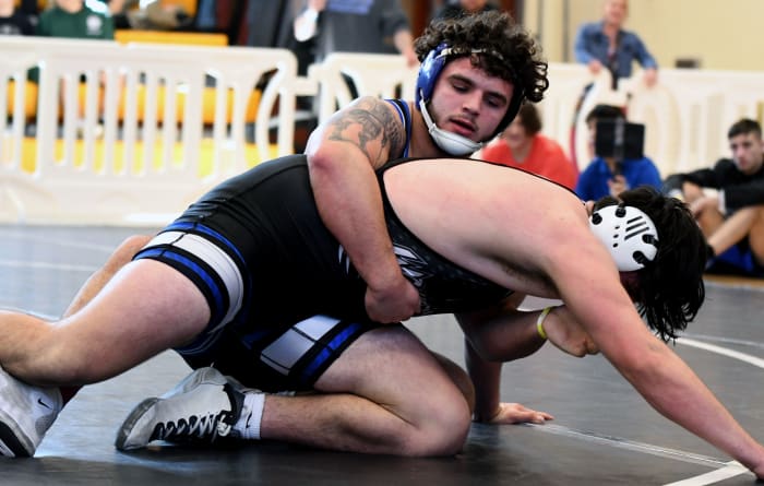 South Dade senior state champion Sawyer Bartelt picks up the semifinals win in a 215-pound match on Saturday at the FHSAA Duals wrestling state championships at Osceola High School.